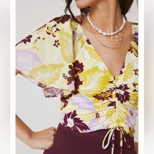 Maeve Floral Cinched Flutter-sleeve Blouse Playful flirty Yellow burgundy Sm